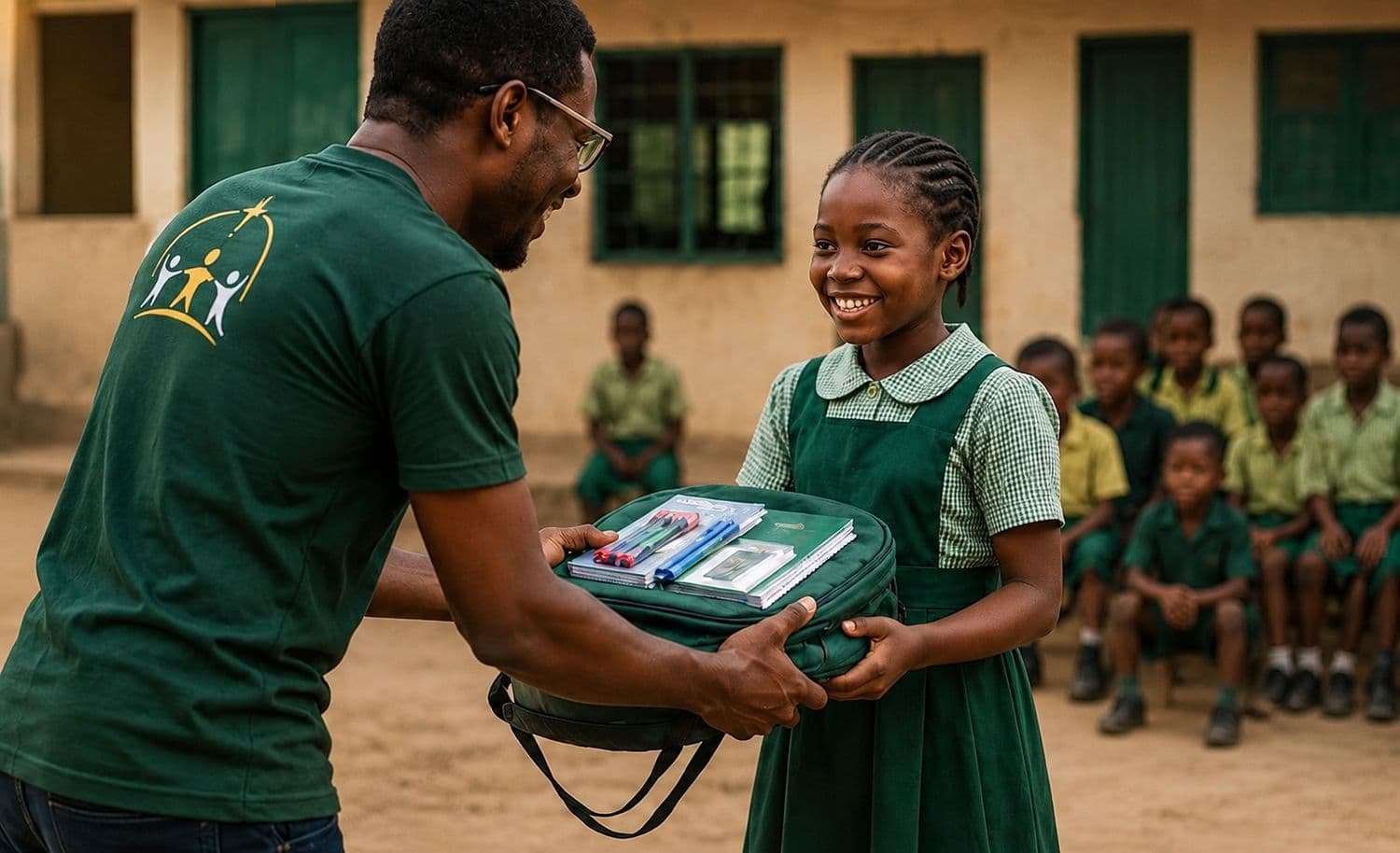 NOVA volunteer handing a school kit to a girl in uniform